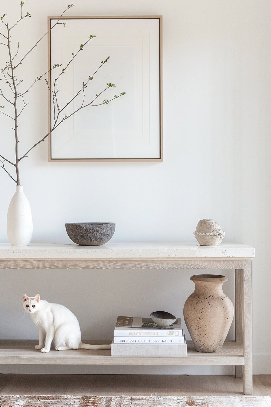 Minimalist cat wall art above modern console table