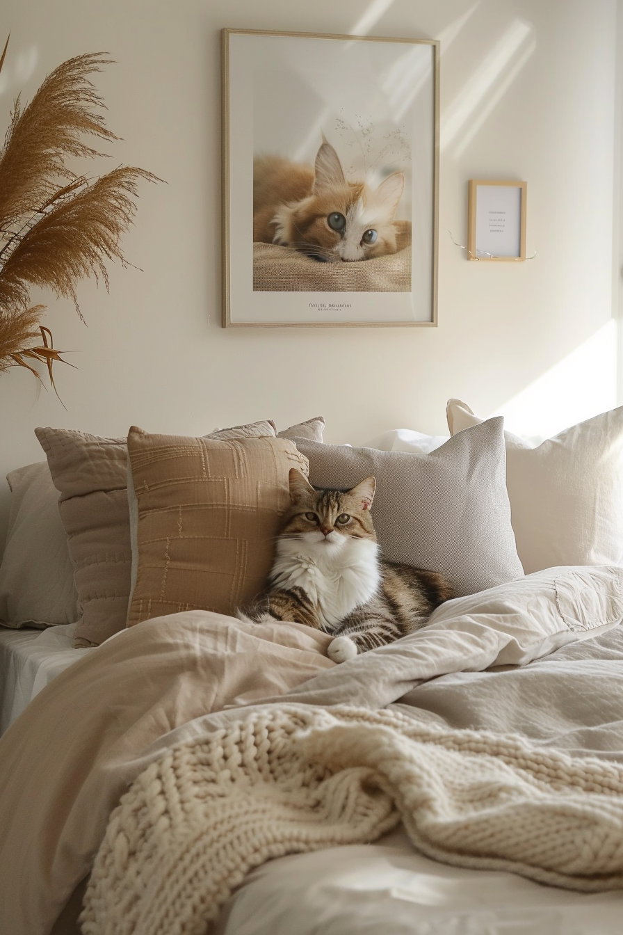 Cozy bedroom with neutral cat decor and framed poster