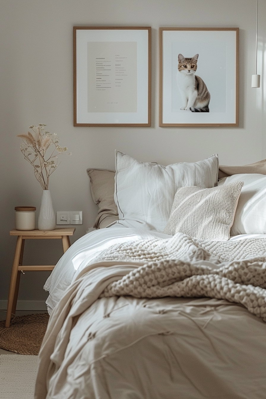 Cozy bedroom with neutral cat decor and framed poster