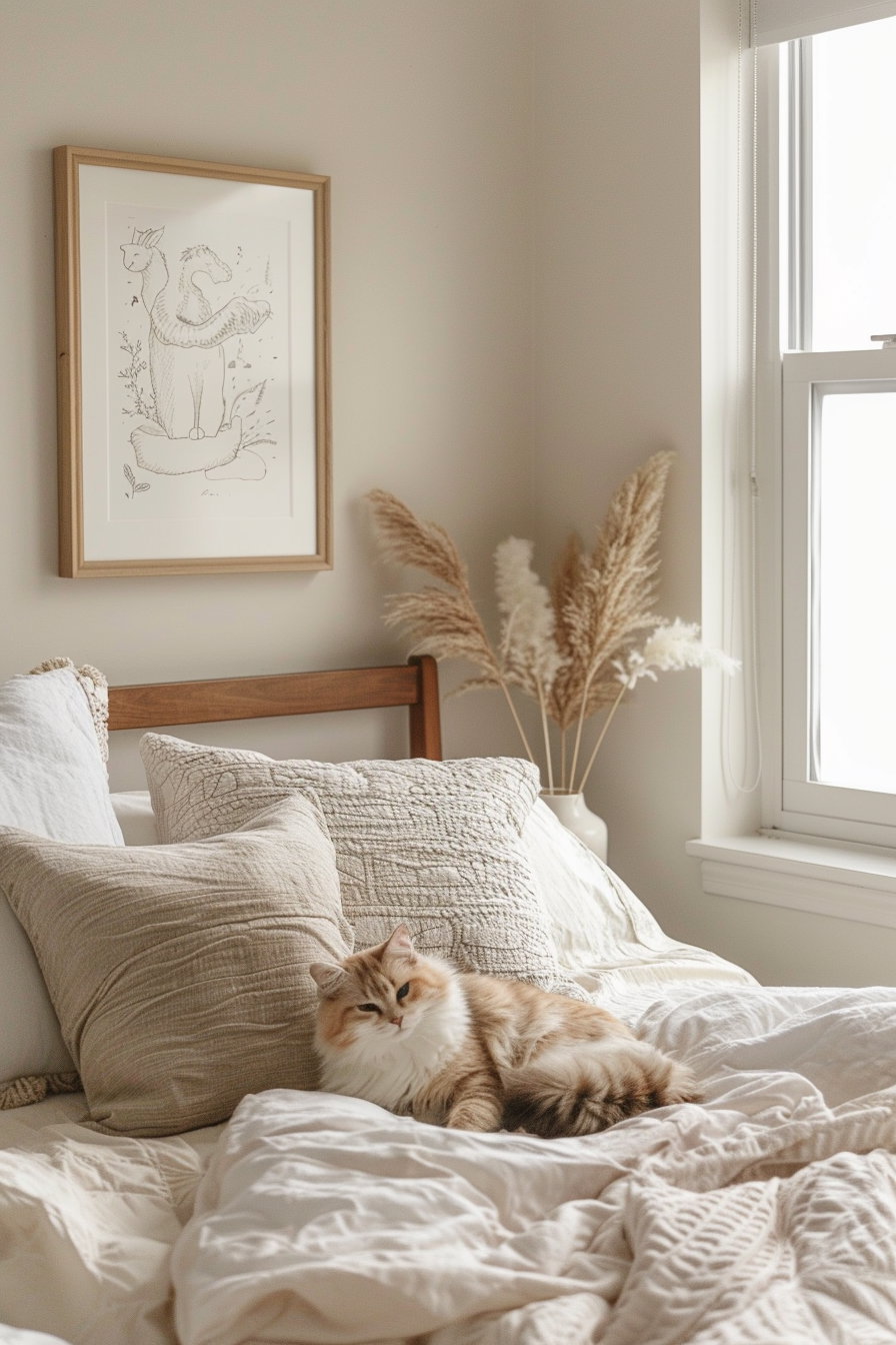 Cozy bedroom with neutral cat decor and framed poster