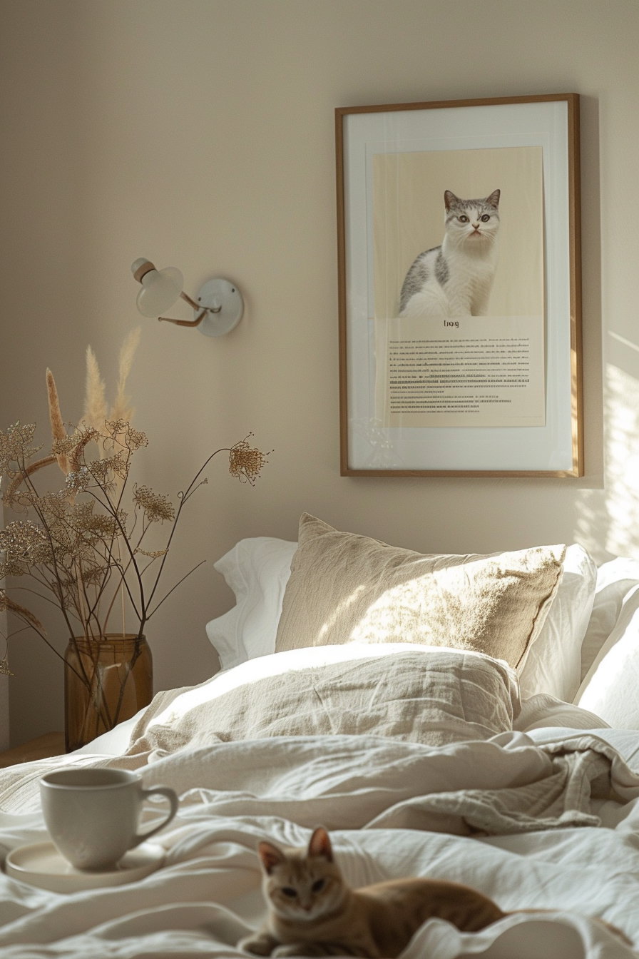 Neutral cat decor in beige bedroom with warm light