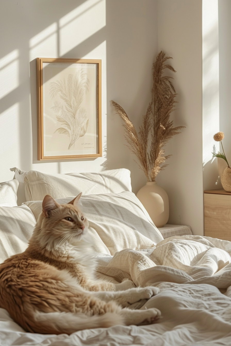 Neutral cat decor in cozy beige bedroom with warm light