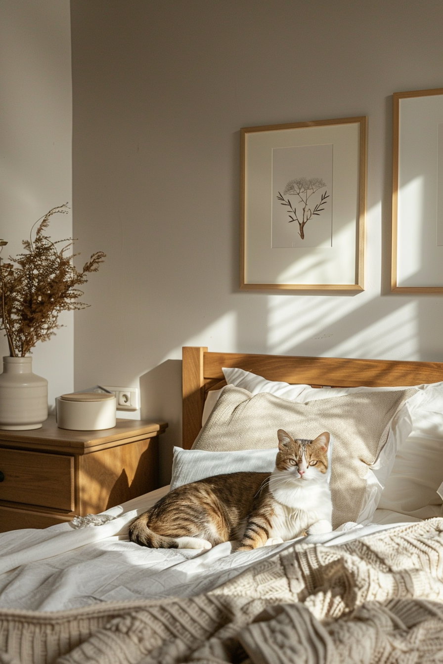 Neutral cat decor in cozy beige bedroom with warm light