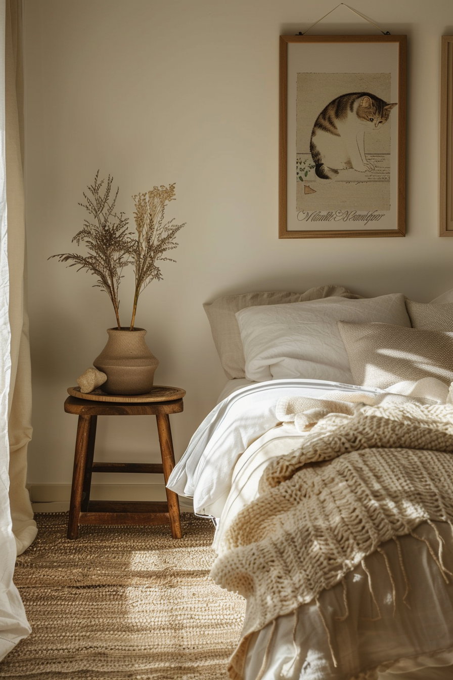 Neutral cat decor in cozy beige bedroom with warm lighting