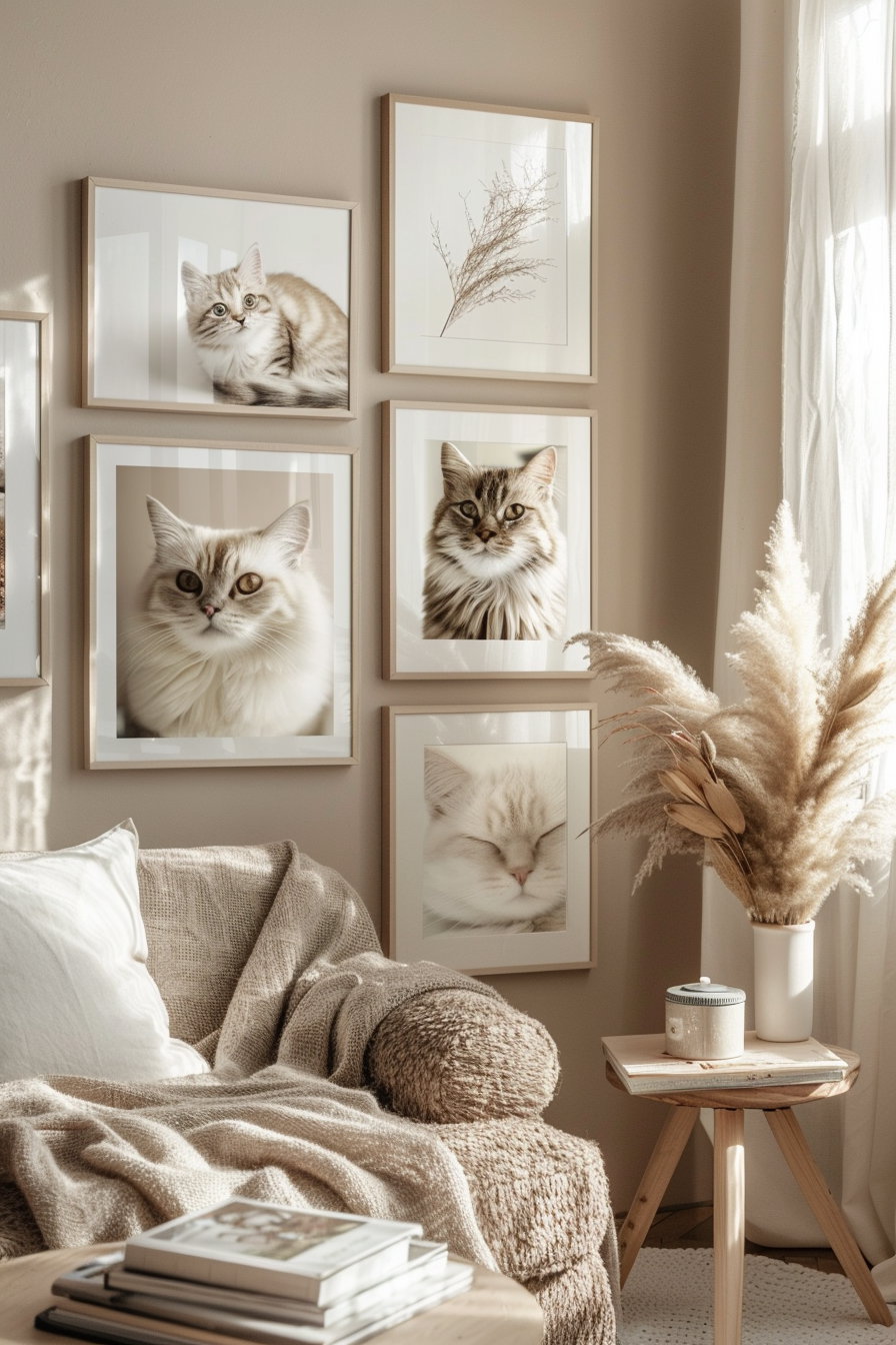 Neutral decor gallery wall featuring cat art prints in beige tones