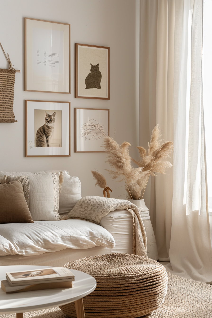 Neutral gallery wall with cat art prints in beige tones