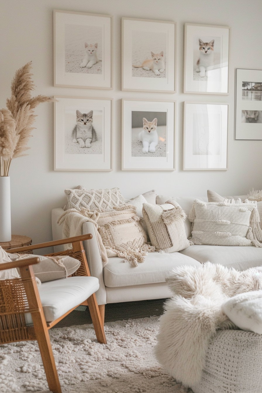 Neutral gallery wall featuring cat art prints in beige tones