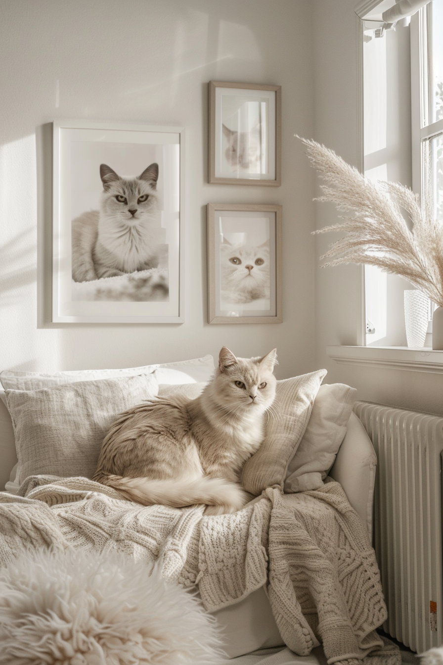 Neutral gallery wall featuring cat art prints in beige tones