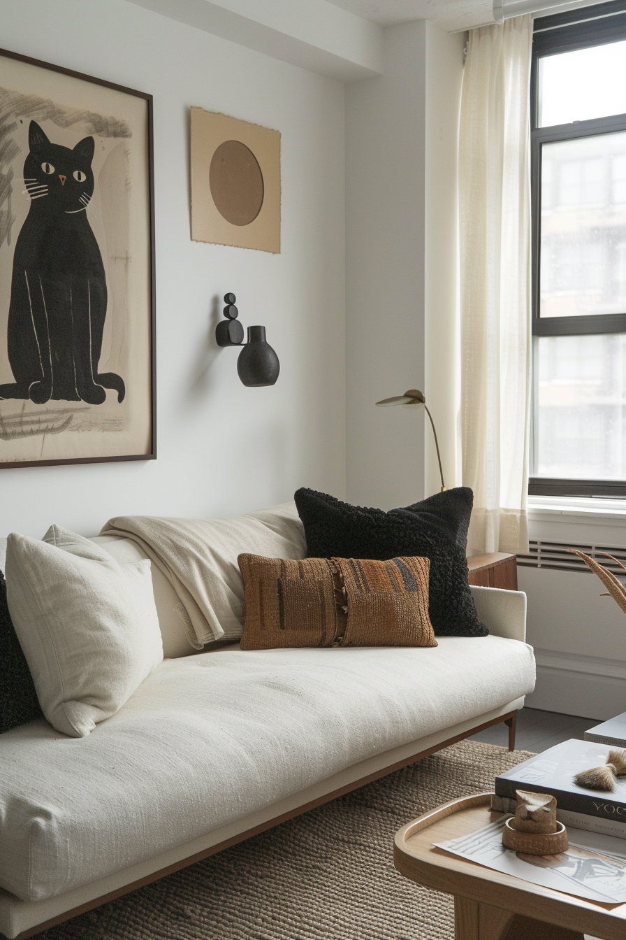 Black cat artwork in cozy neutral living room setting