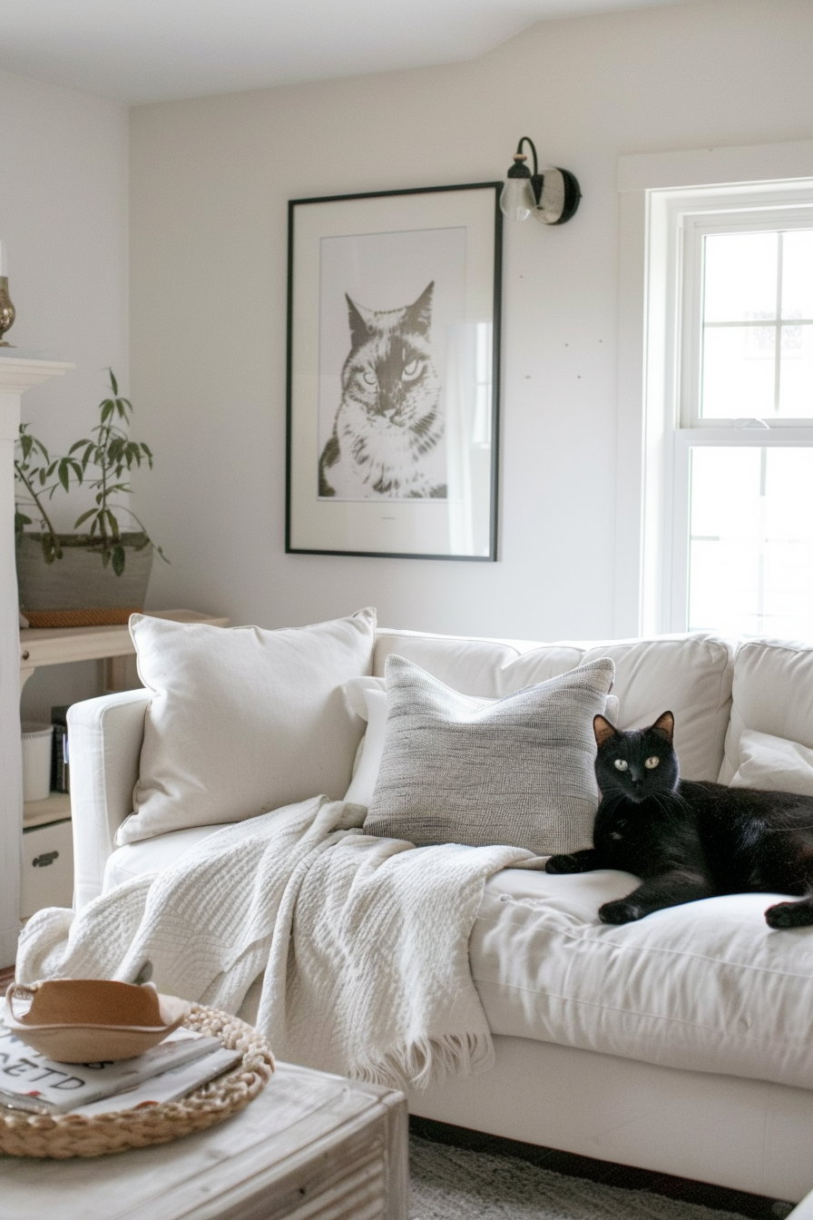 Black cat framed art in cozy neutral living room