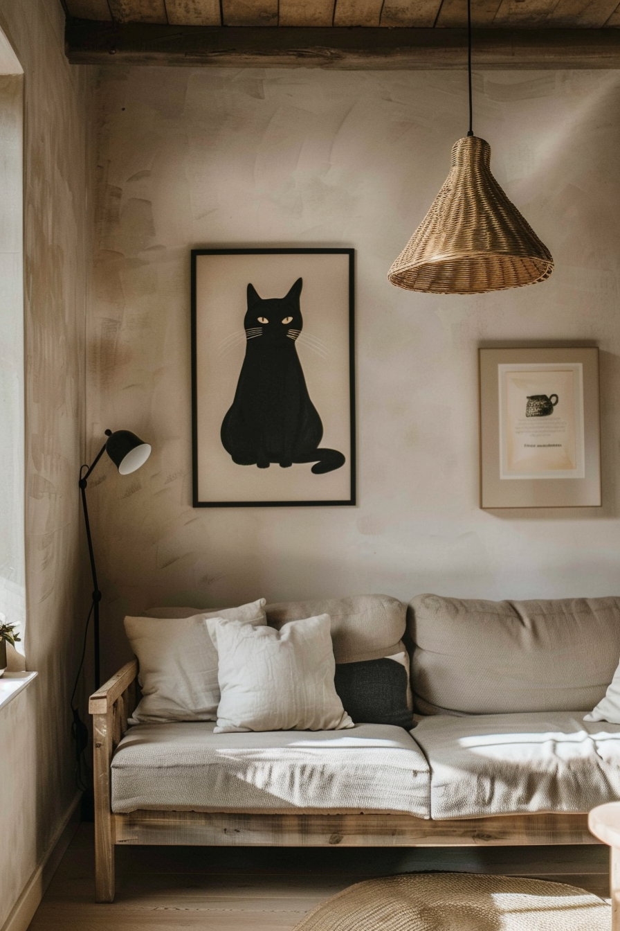 Black cat framed art in cozy neutral living room