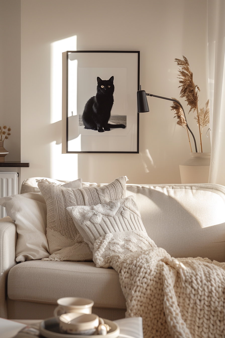 Black cat artwork in cozy neutral living room space