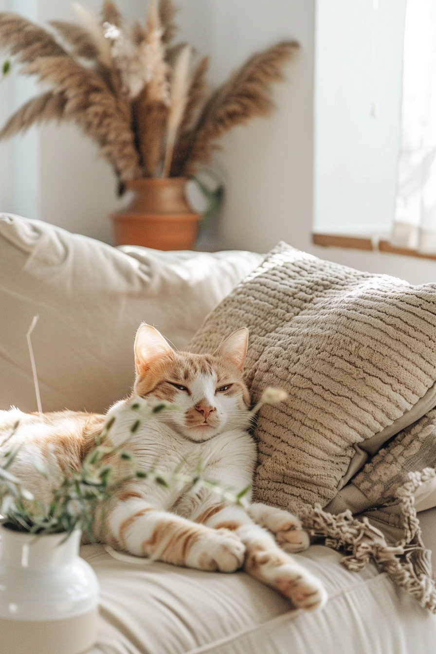 Cozy boho cat decor in beige and terracotta tones