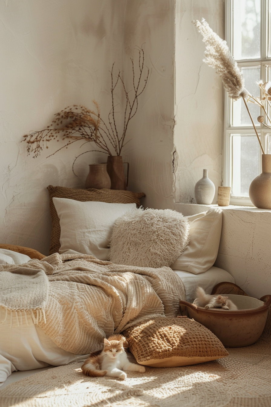 Boho cat decor in cozy neutral tones and soft textures