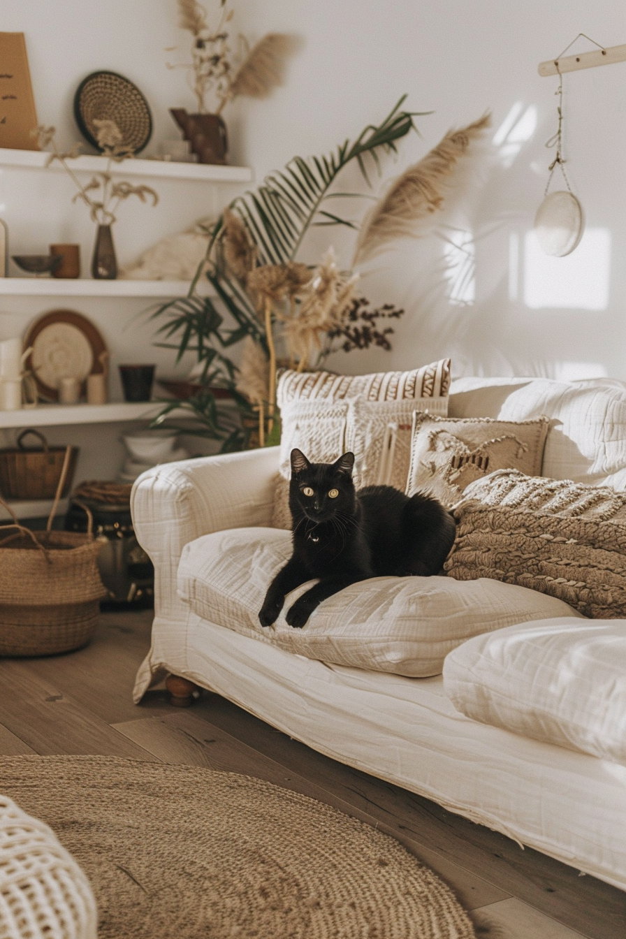Black cat lounging in cozy boho living room with warm lighting