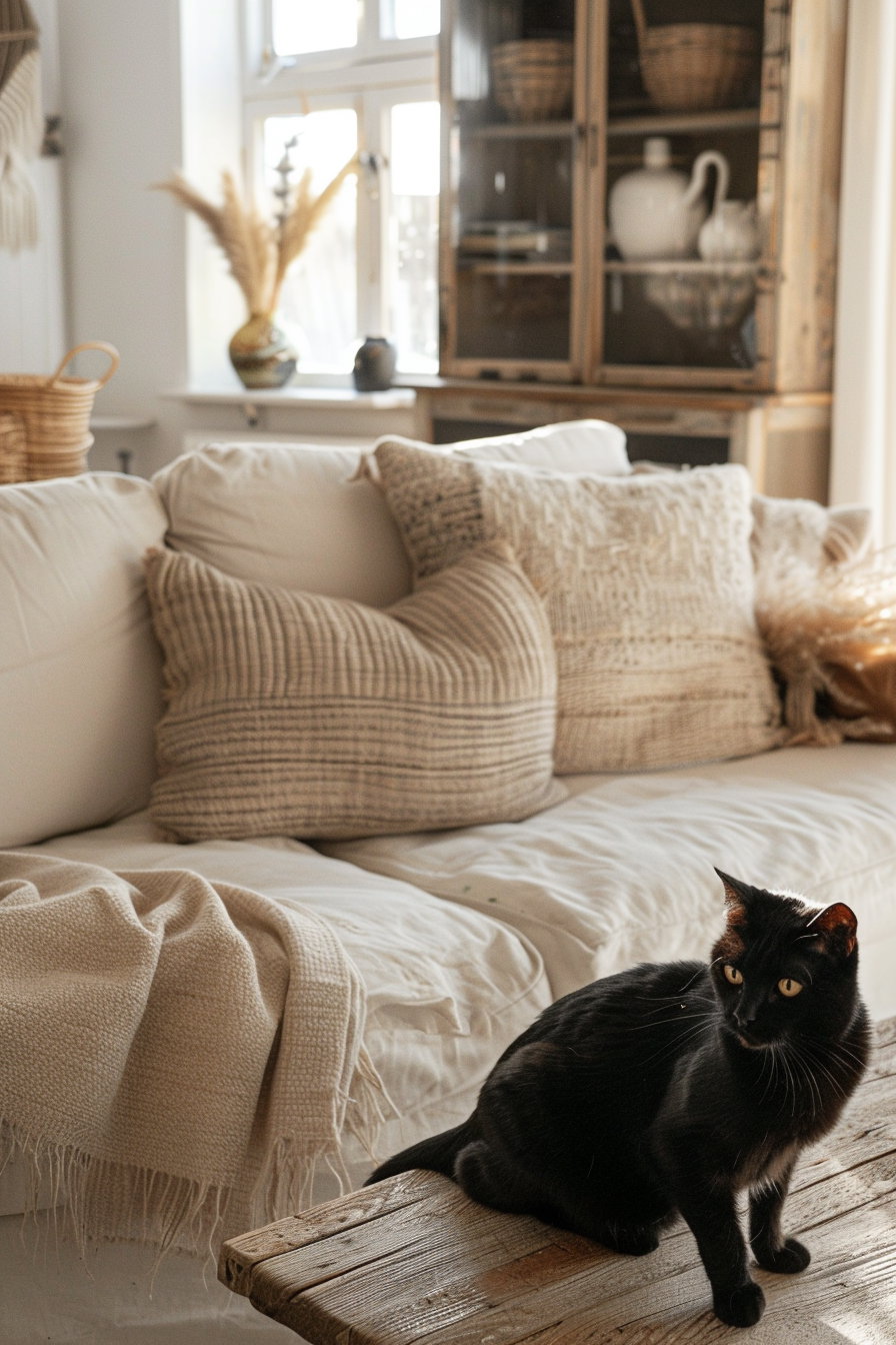 Black cat lounging in cozy boho living room with warm lighting