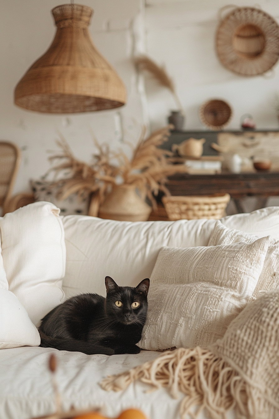 Black cat lounging in warm boho living room decor