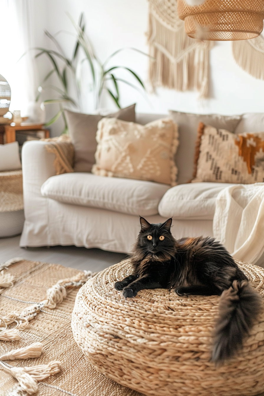 Black cat lounging in cozy boho living room ambiance