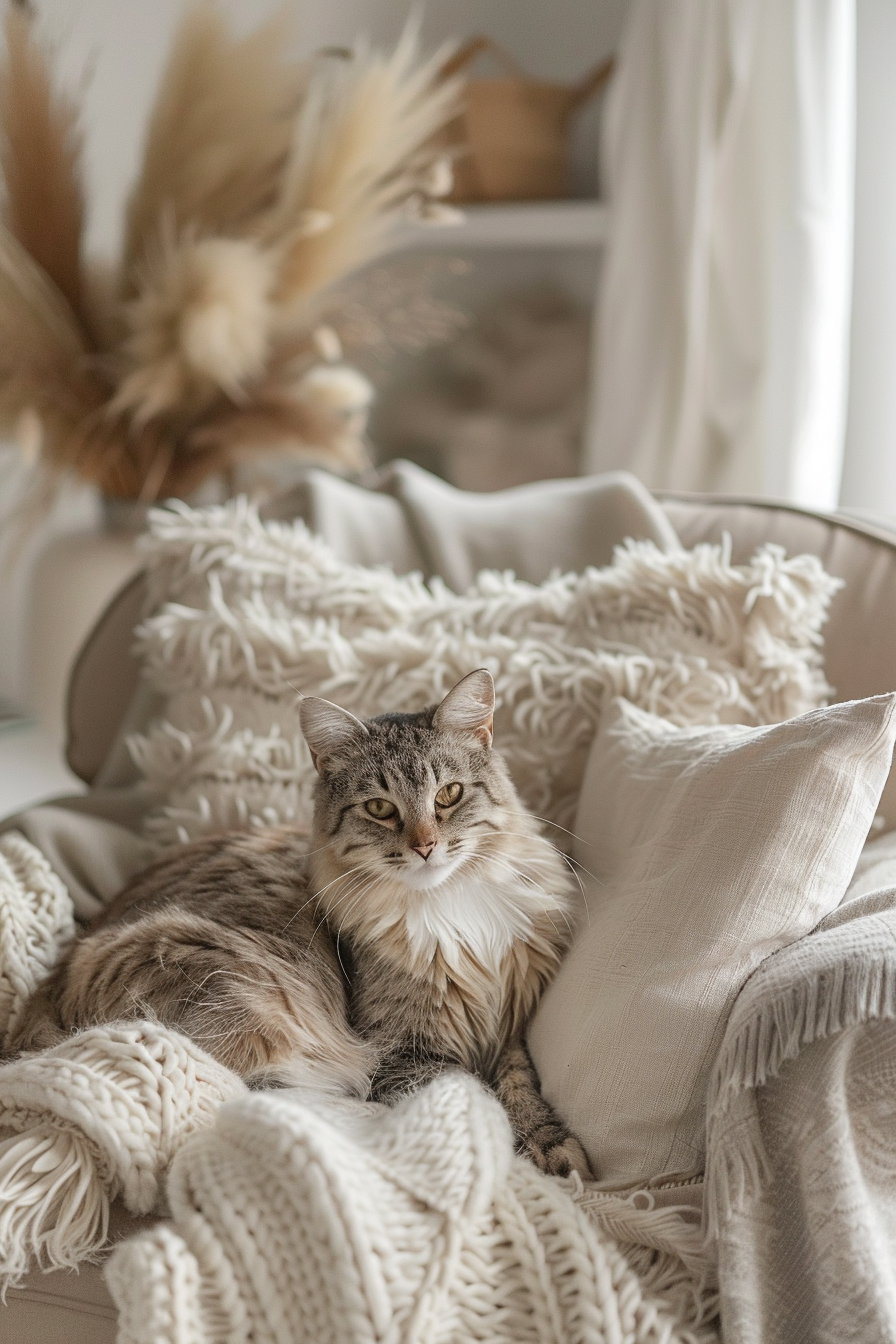 Boho cat decor featuring pampas grass and soft fabrics