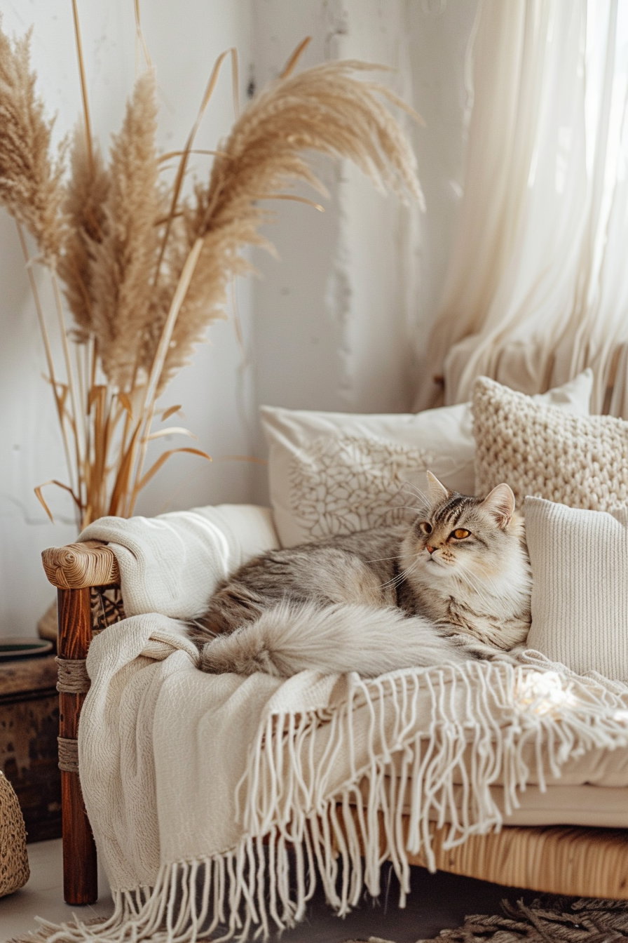 Cozy boho cat decor with pampas grass and soft fabrics