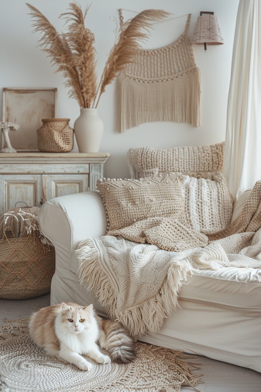 Cozy boho cat decor with pampas grass and soft fabrics