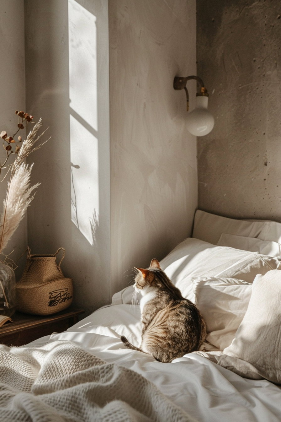 Minimalist cat lounging in cozy boho bedroom setting