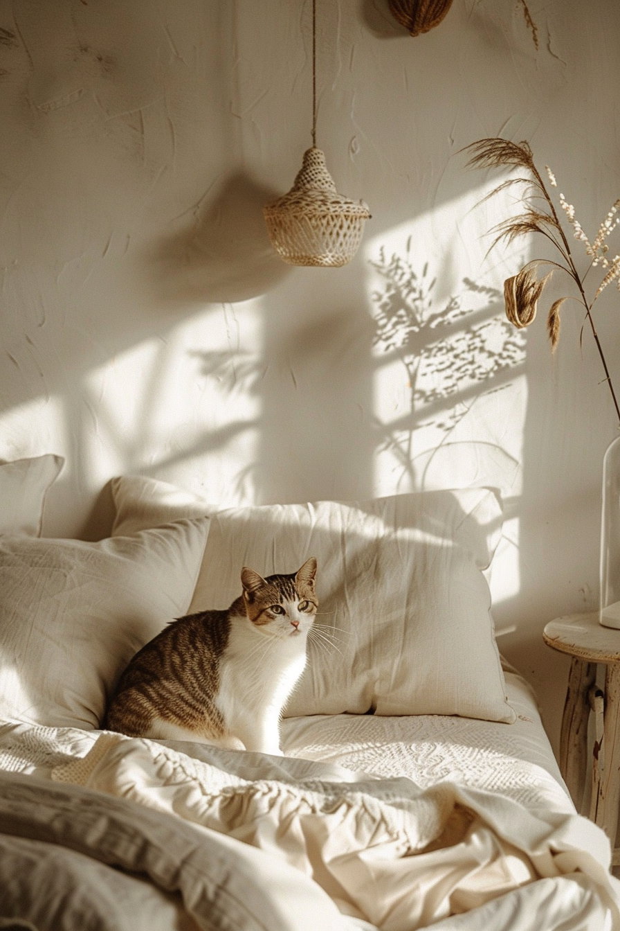 Minimalist cat lounging in cozy boho bedroom with warm textures