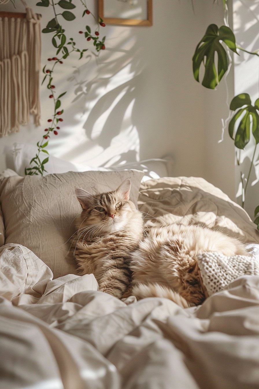 Minimalist cat lounging in a cozy boho bedroom