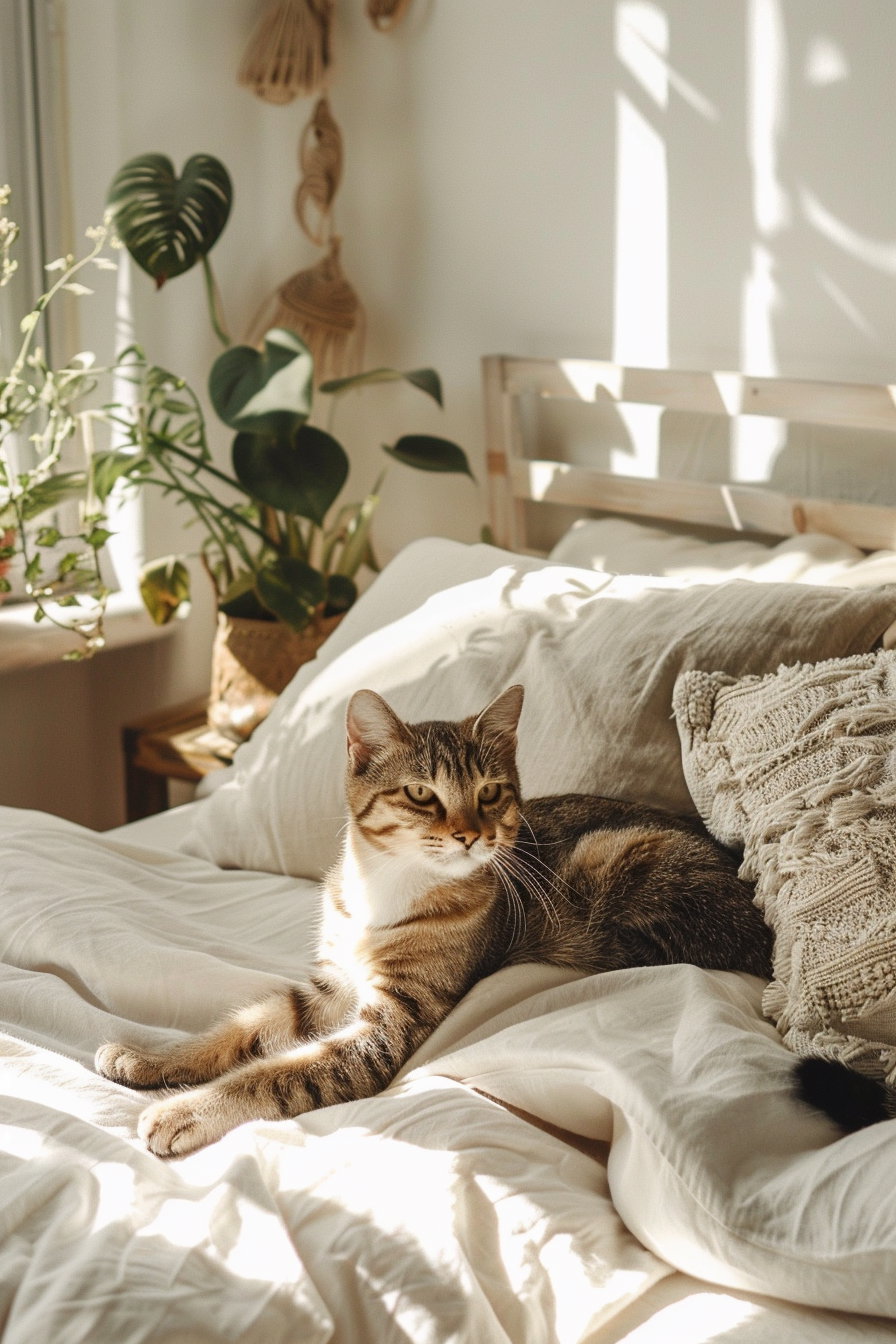 Minimalist cat lounging in a cozy boho bedroom
