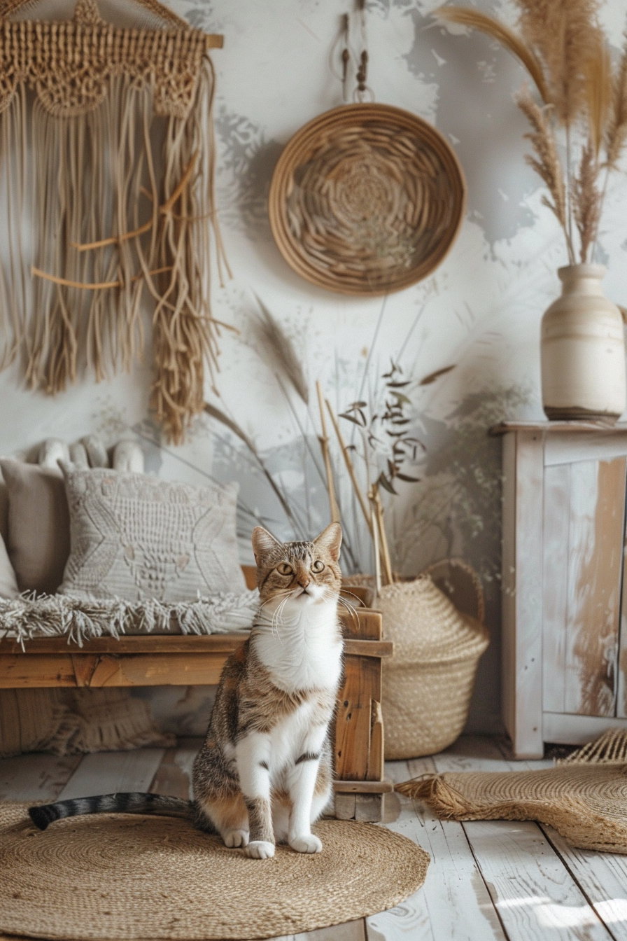 Cat lounging in warm-toned boho interior with natural decor