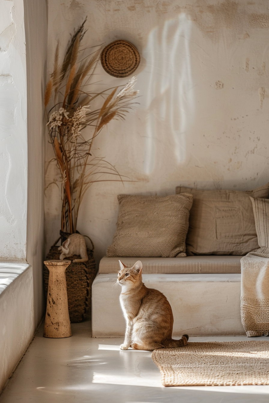 Cat lounging in warm-toned boho interior with minimal decor