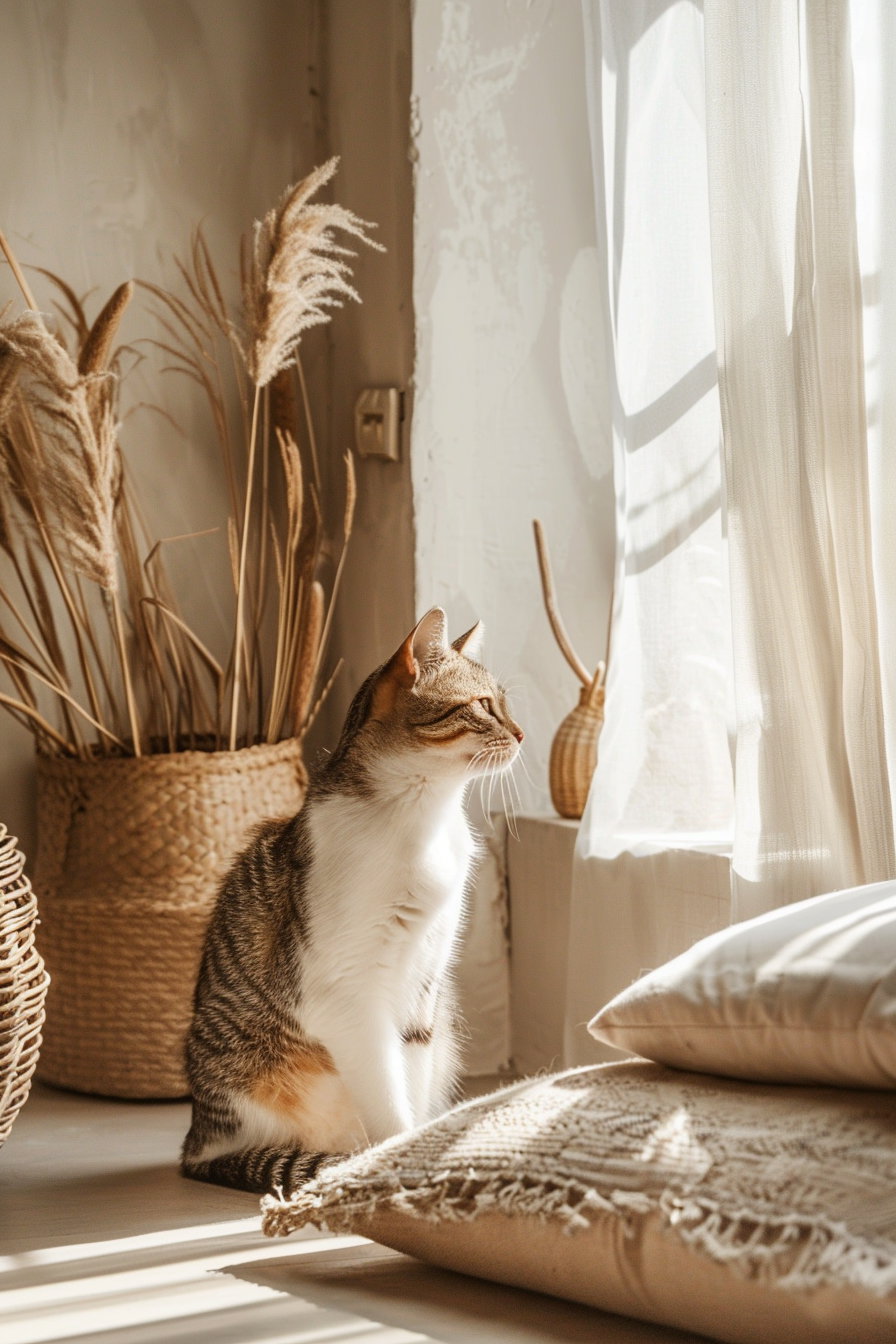 Cat lounging in cozy boho interior with warm tones