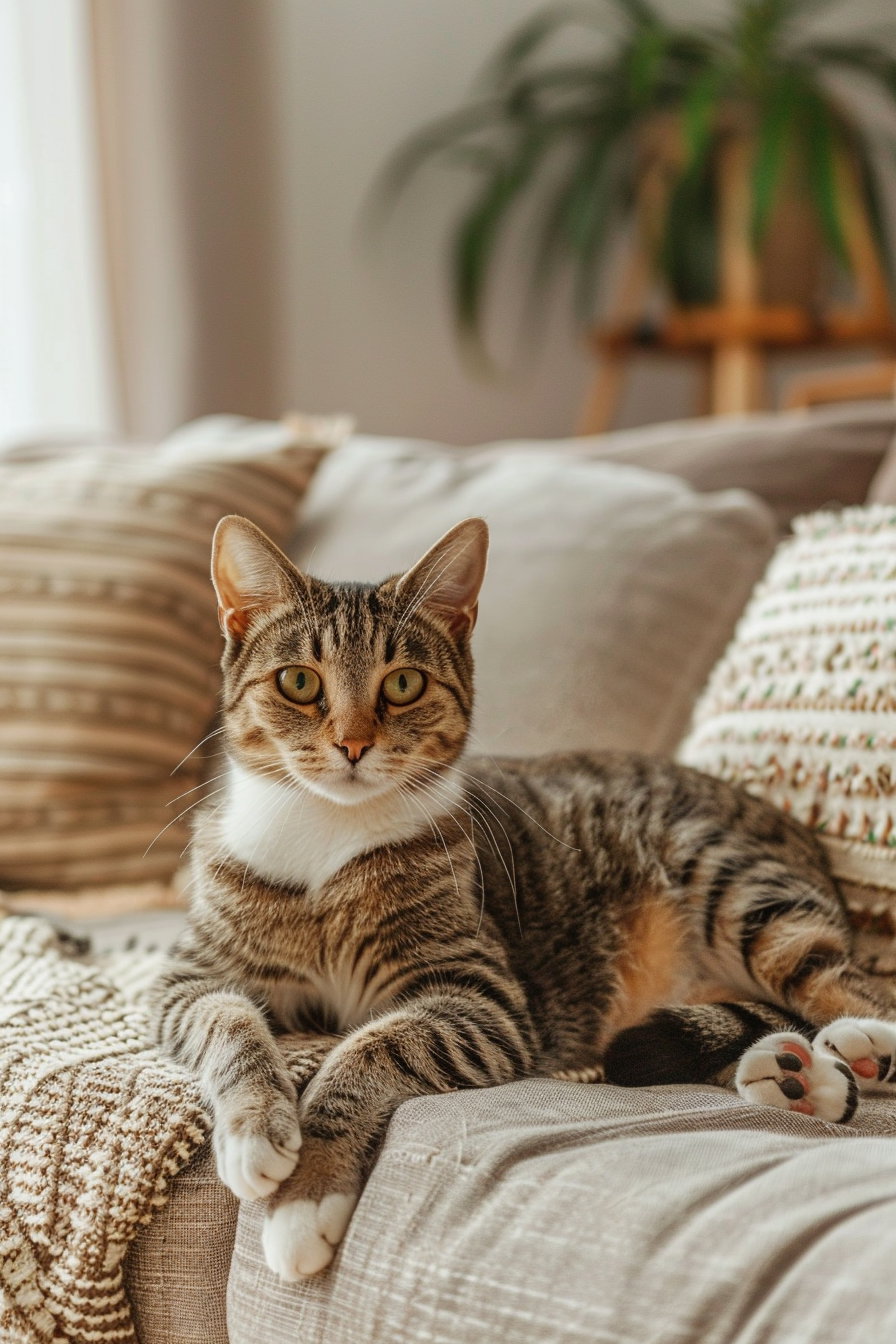 Cat lounging in cozy boho interior with warm tones