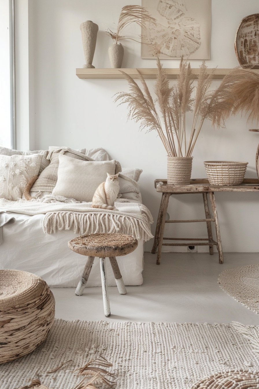 Boho cat decor with soft lighting and beige tones