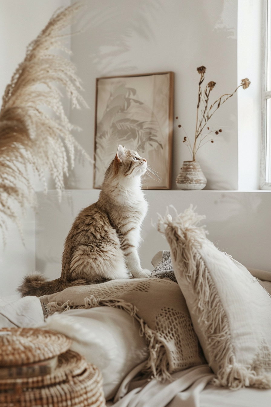 Boho cat decor with soft lighting and organic textures