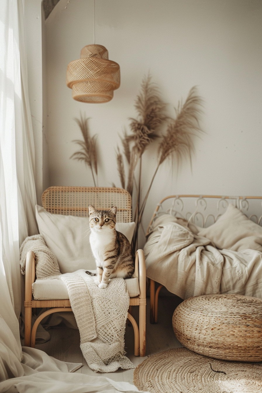 Boho cat decor with soft lighting and beige tones