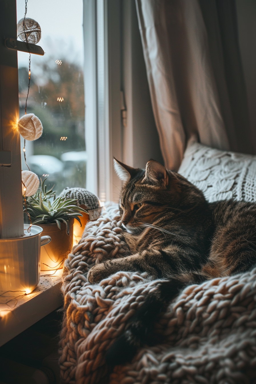 Cozy corner with neutral cat decor and soft blankets