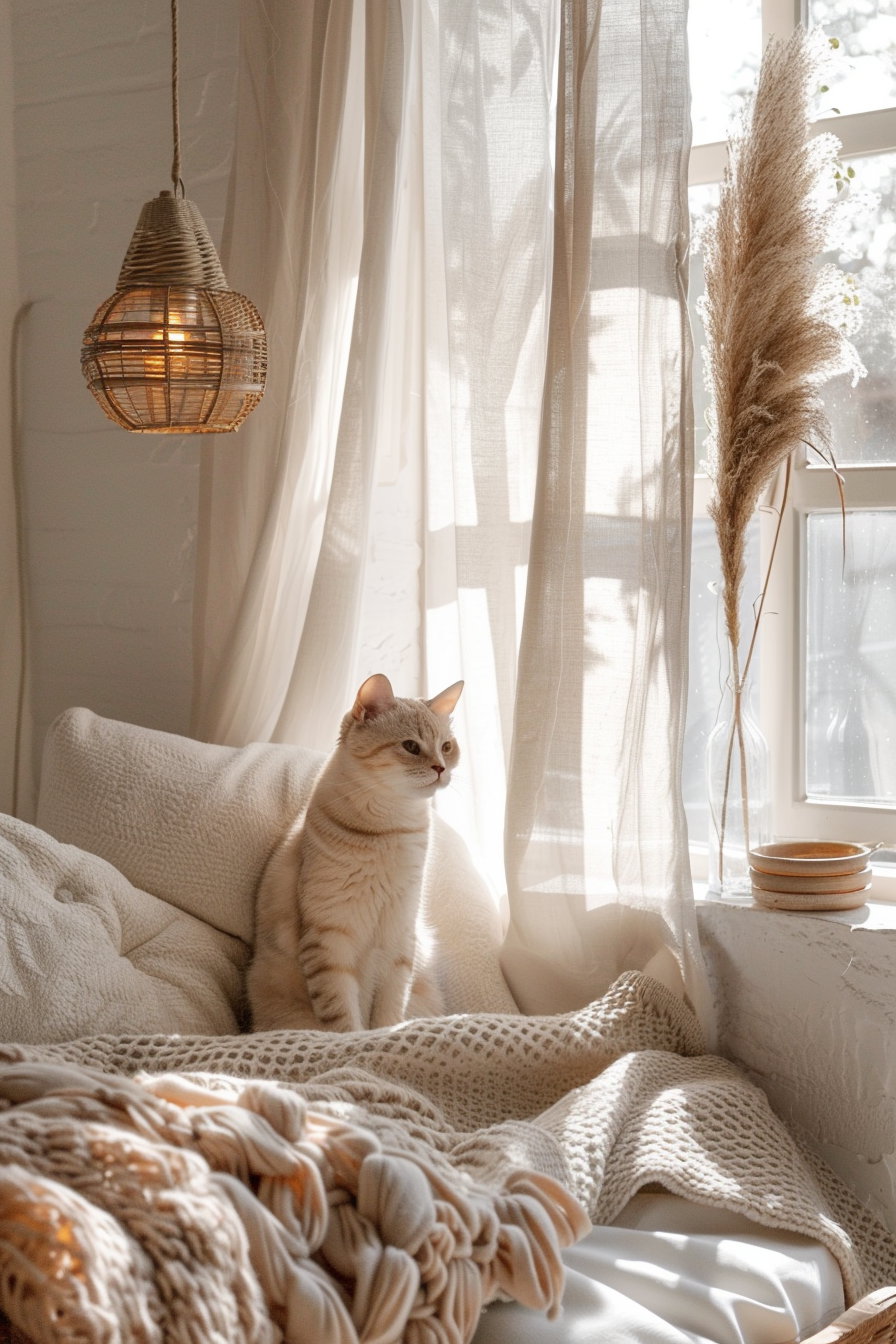 Cozy corner with neutral cat decor and soft blankets