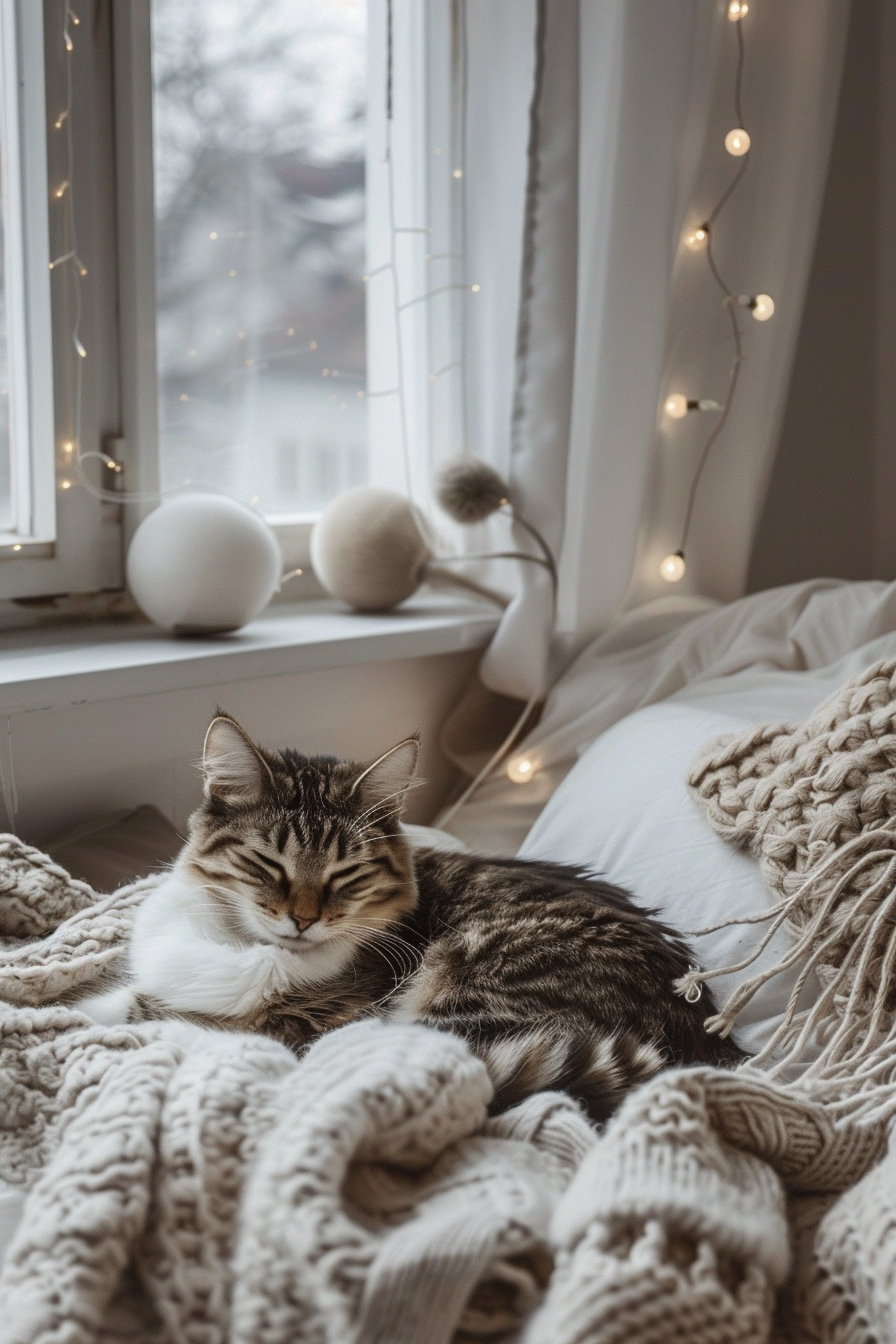 Cozy corner with neutral cat decor and soft blankets