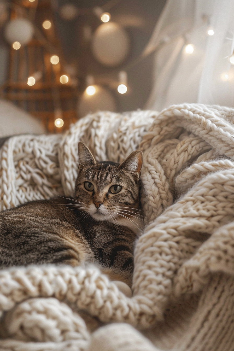 Cozy corner with neutral cat decor and soft blankets