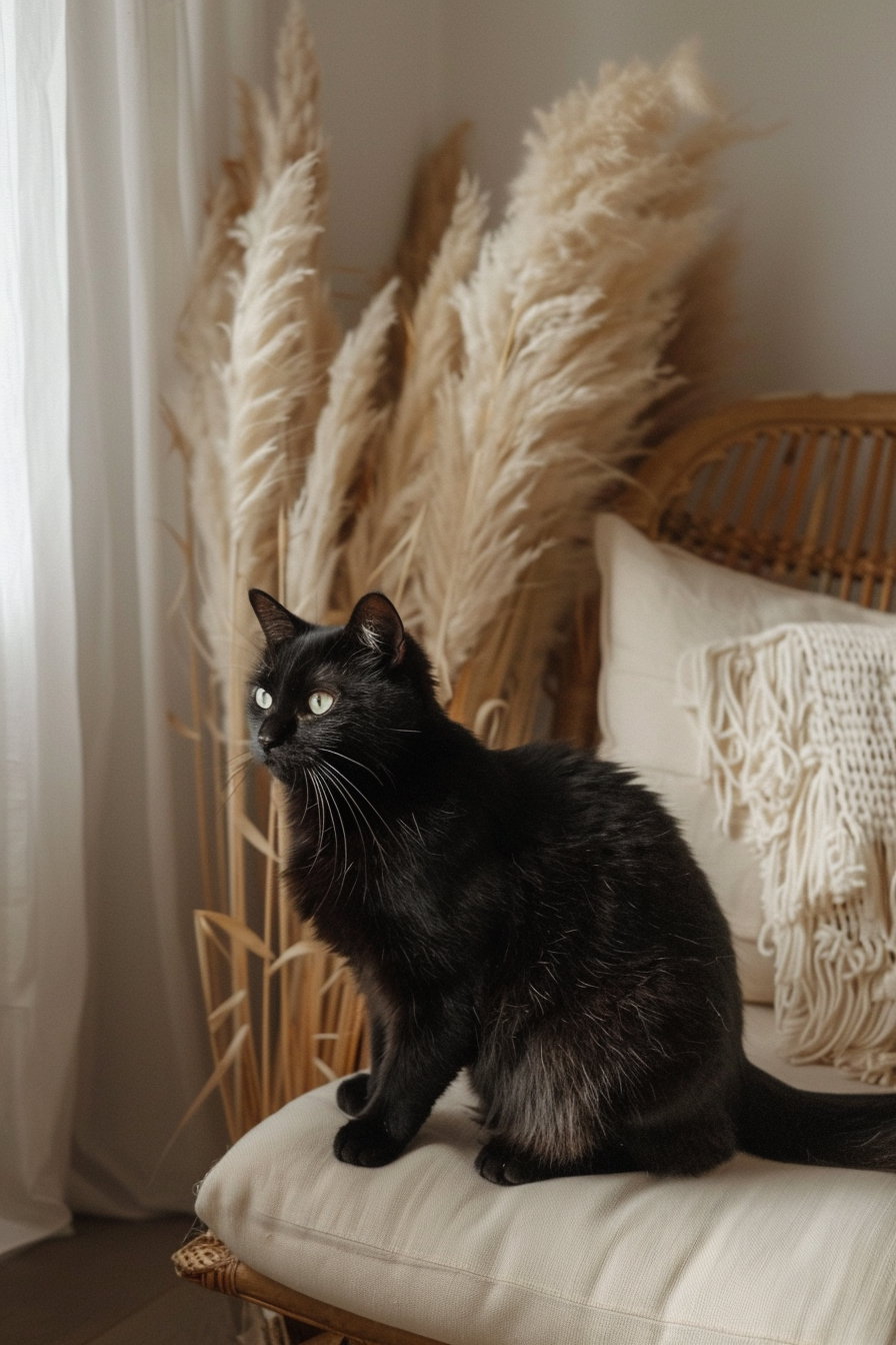 Black cat lounging by pampas grass in cozy decor