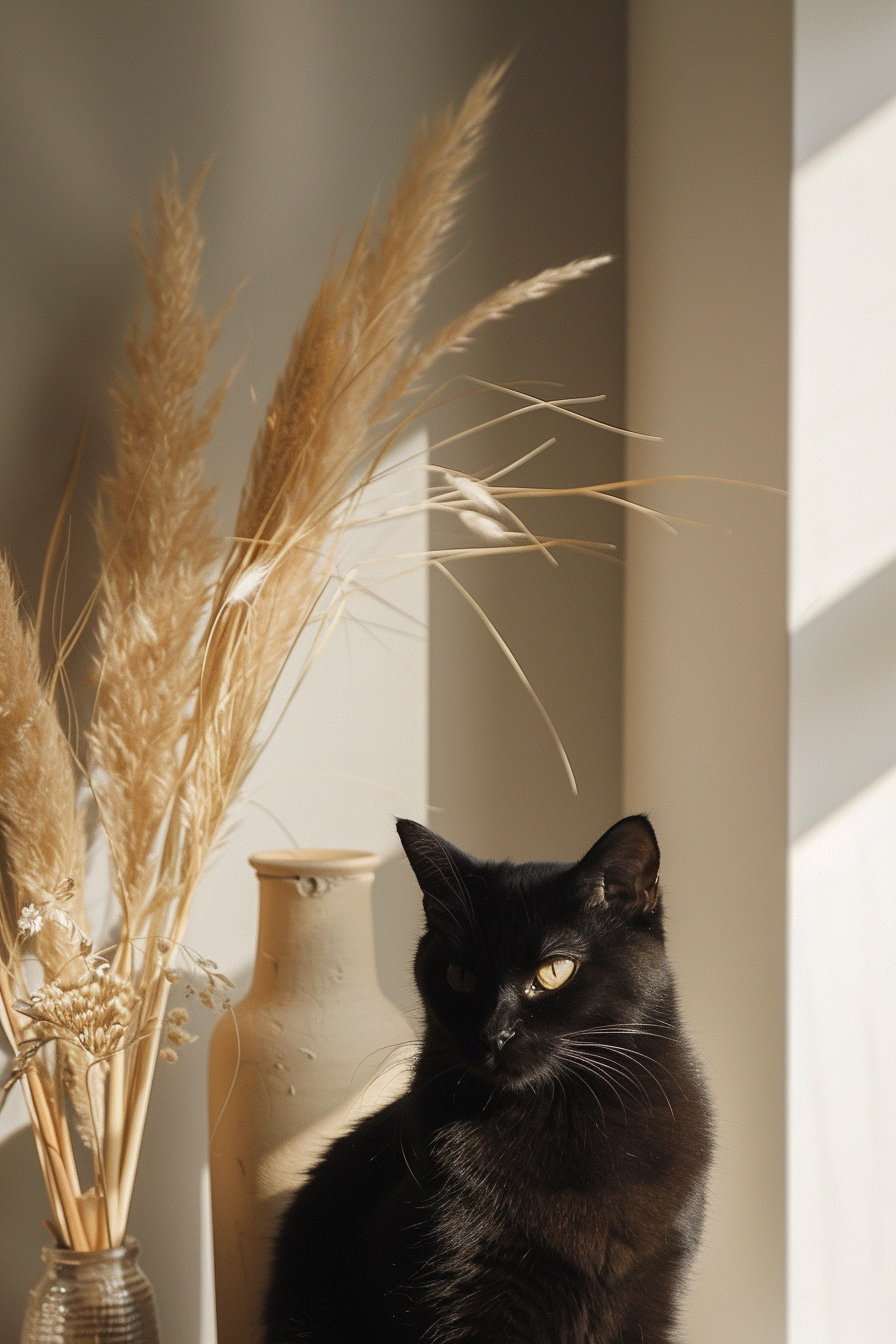 Black cat lounging beside pampas grass in cozy decor