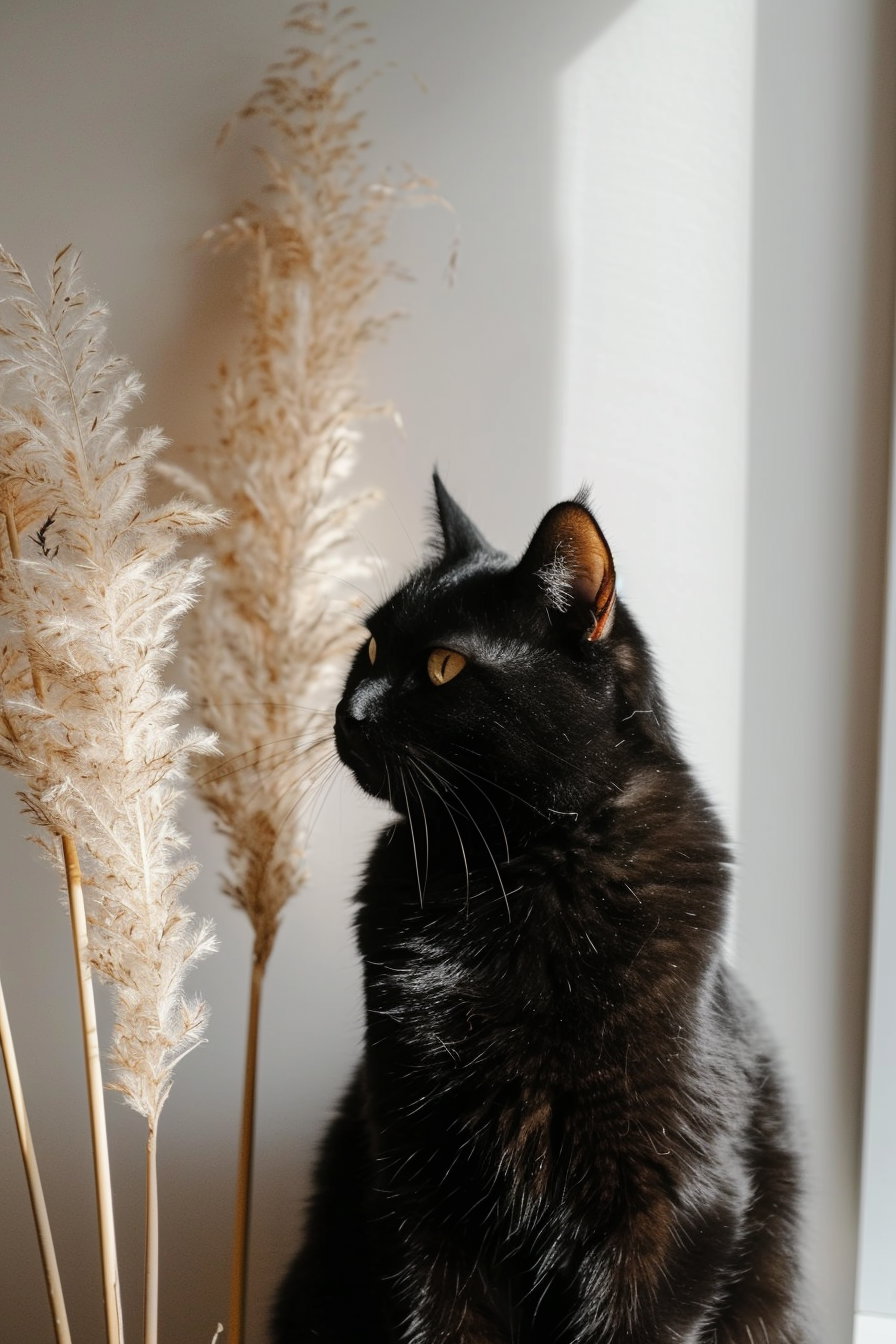 Black cat lounging in cozy minimalist decor with pampas grass