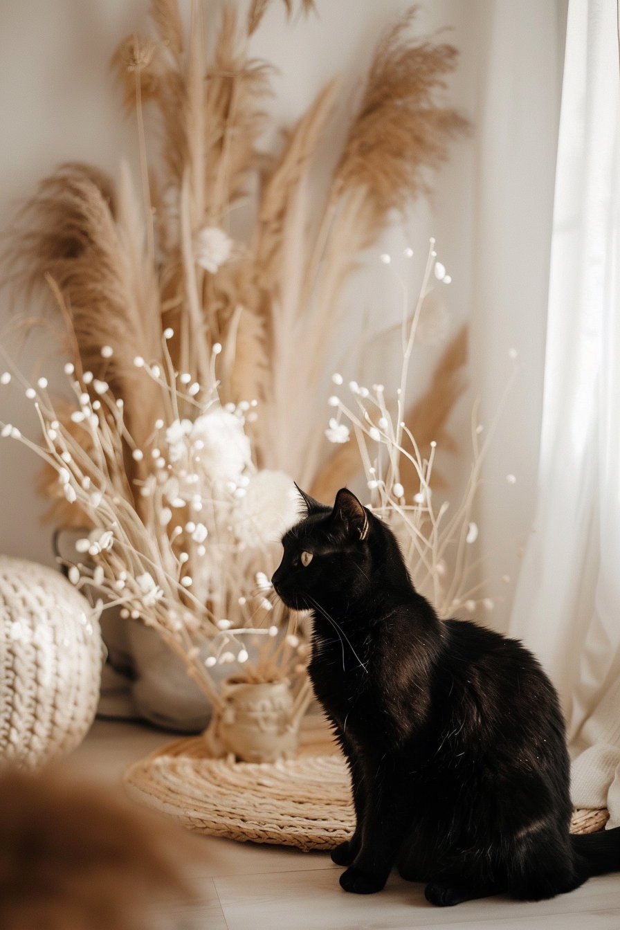 Black cat lounging near pampas grass in cozy decor