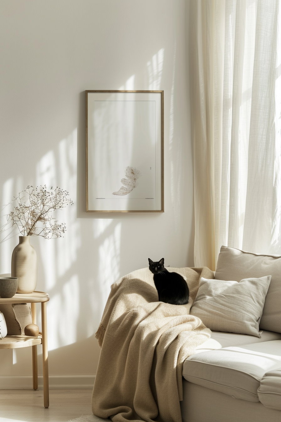 Minimalist cat poster in neutral tones on white wall