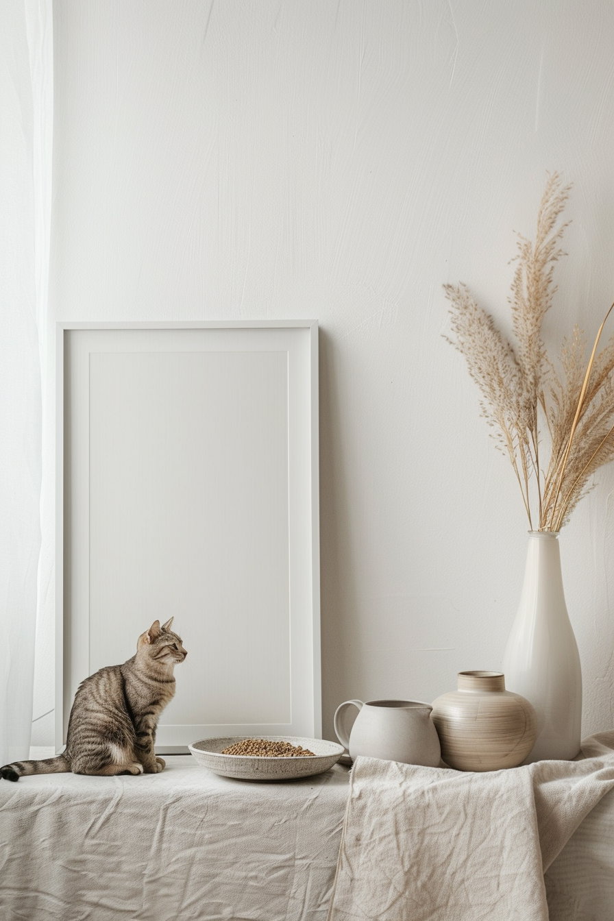 Minimalist cat poster in neutral tones on white wall
