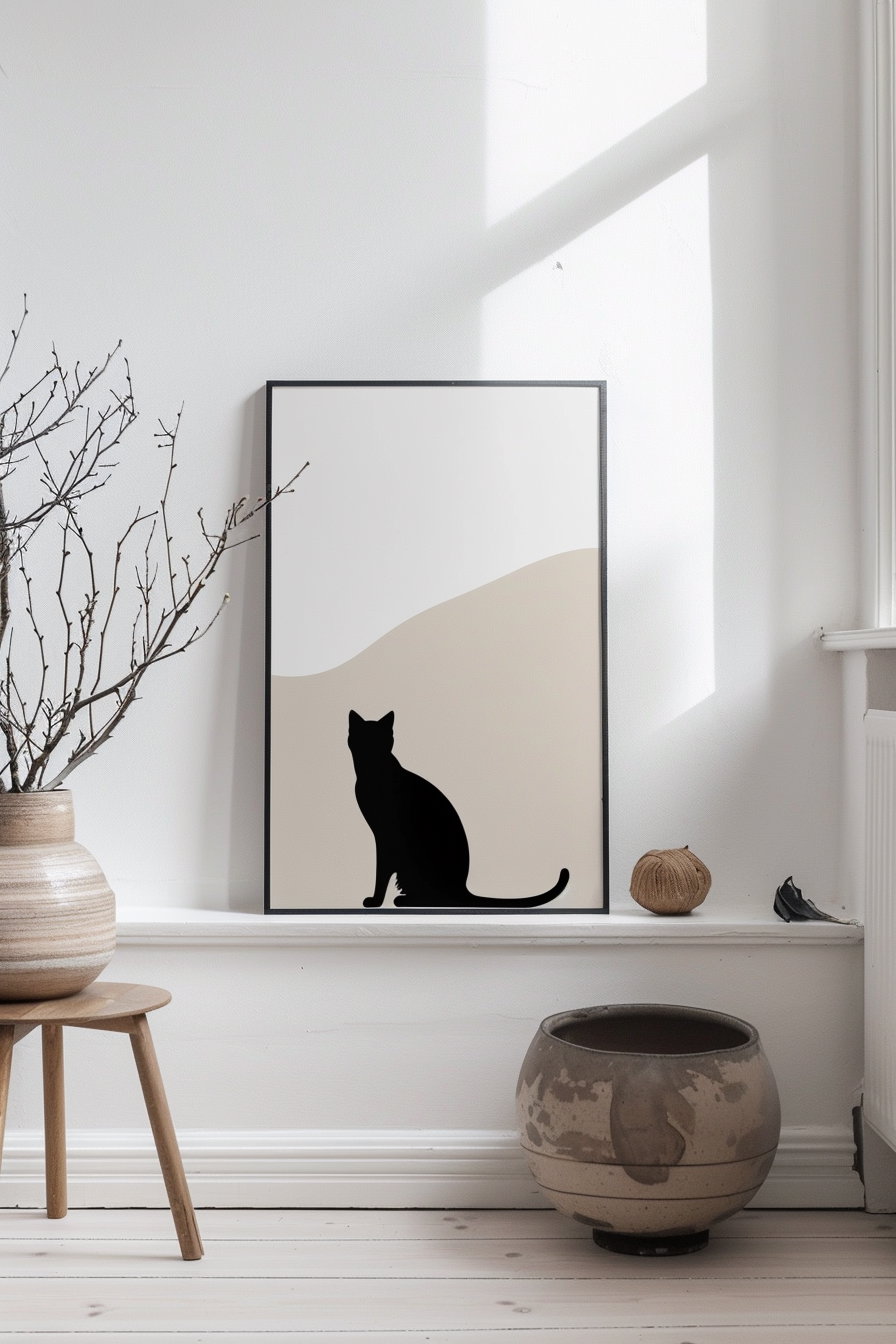 Minimalist cat poster in neutral tones on white wall