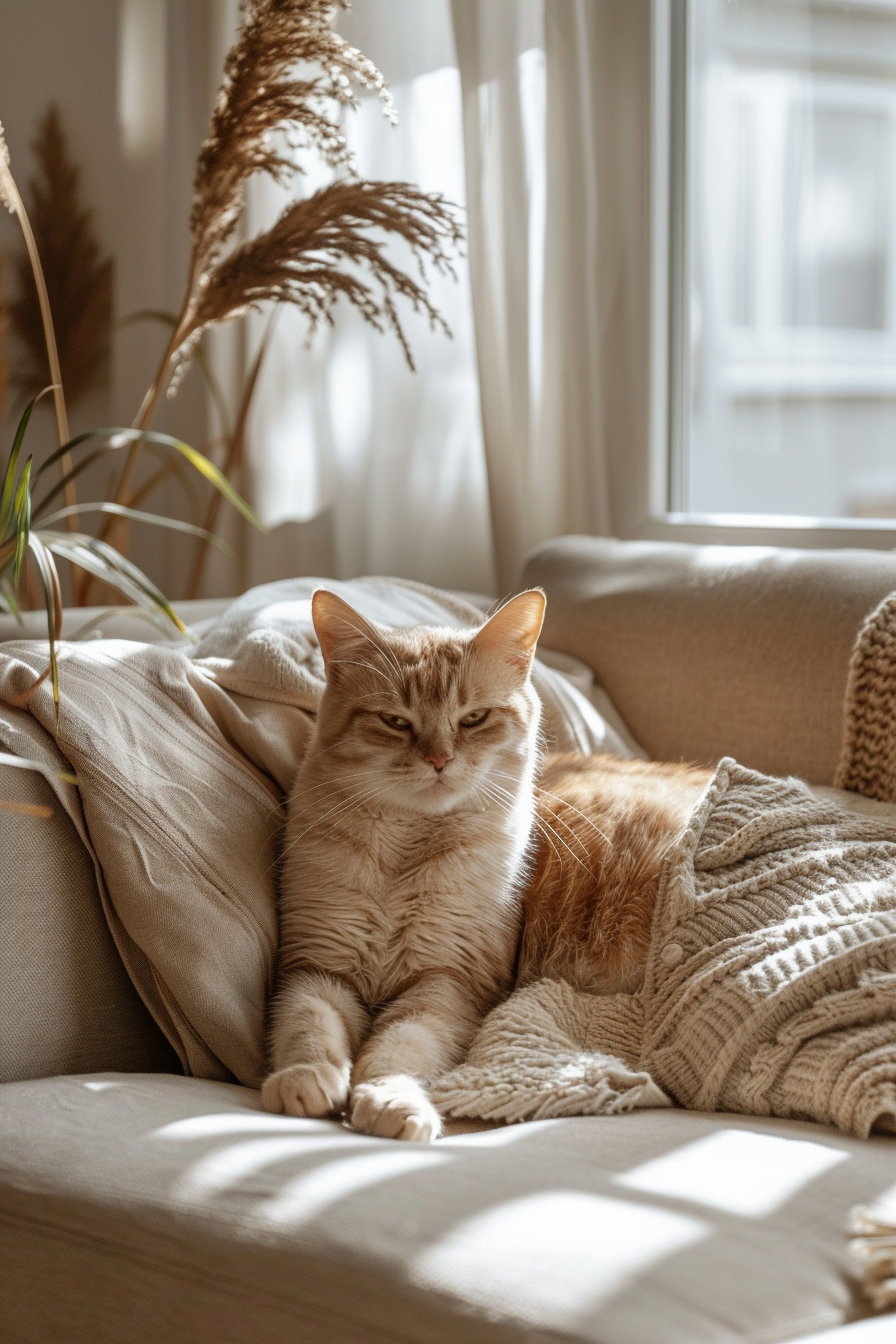 Minimalist boho cat decor in earthy tones and soft shadows