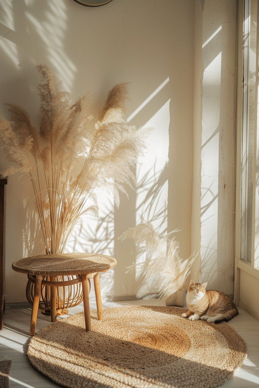 Minimalist boho cat decor in warm earthy tones