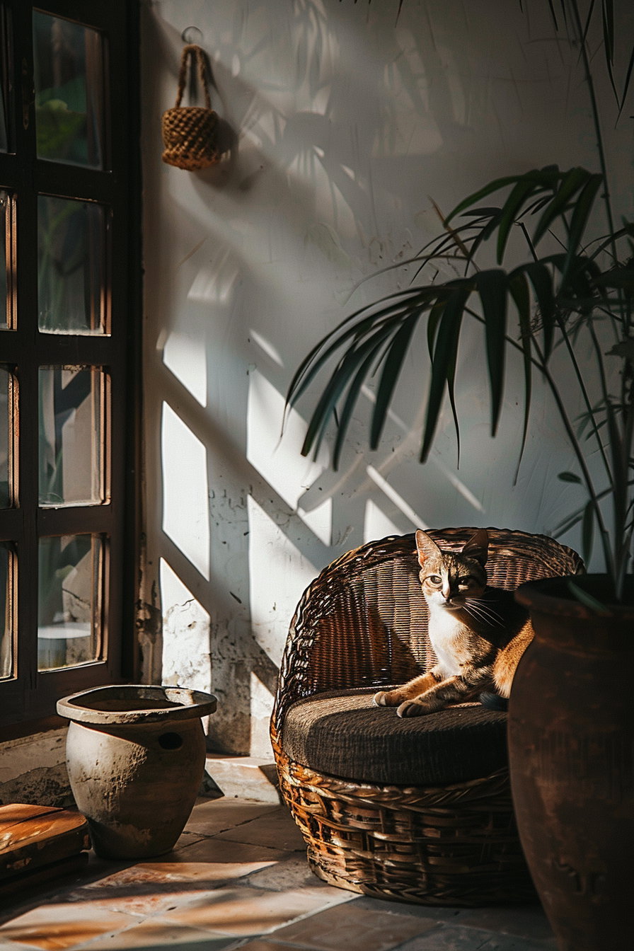 Minimalist boho cat decor in warm earthy tones